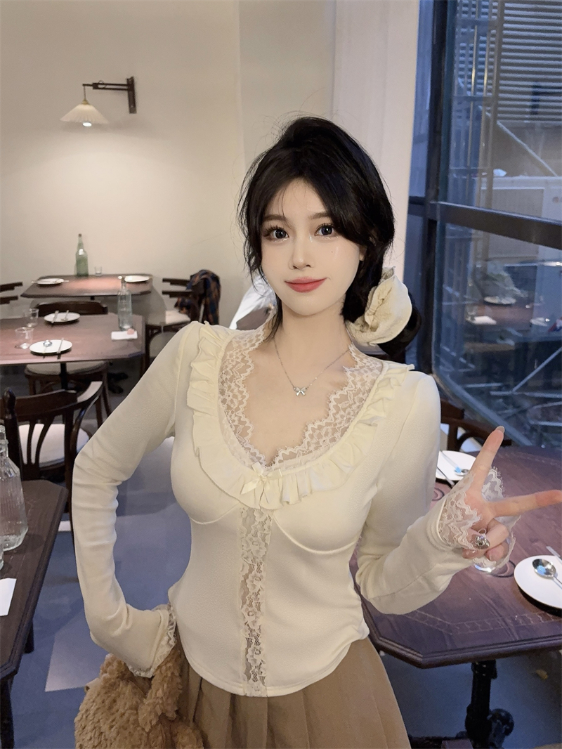 PF28853#大码 V领蕾丝拼接法式木耳边长袖女秋冬胖MM收腰不规则打底女裝貨源服裝批發