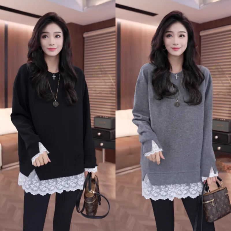 PF30224# 欧货蕾丝花边拼接假两件加绒加厚卫衣女冬时尚内搭中长款宽松上衣女裝貨源服裝批發