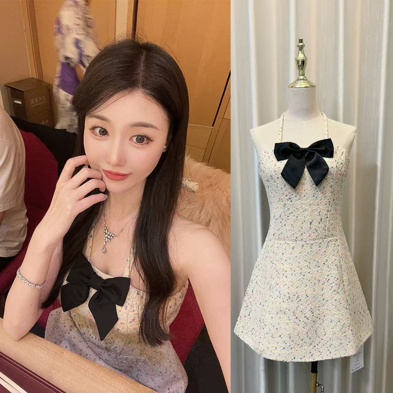 곰 하우스 향기로운 향 메리 Jiao 예쁜 부자 소녀 행침 목 튜브탑 도트 무늬 트위드 나비 매듭 샤오시엔 치마