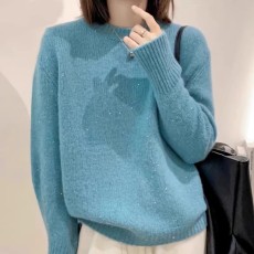 批发蓝色亮片浣熊绒套头毛衣女秋冬慵懒风冬季加厚羊毛内搭打底针织衫