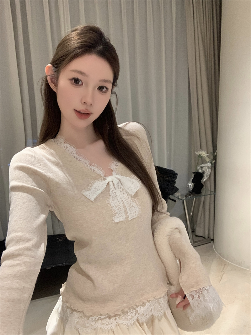 PF29554#法式气质蝴蝶结V领针织衫女装冬减龄蕾丝拼接内搭上衣女裝貨源服裝批發