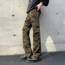 批发实拍春秋clean fit小众个性<b class='q'>嘻哈</b>迷彩工装多口袋拼接微喇直筒裤男