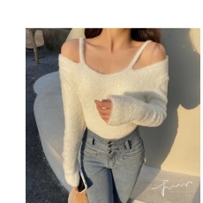 批发左佳琪 时尚露肩侧开叉<b class='q'>修身</b>不对称绑带针织衫女长袖灰色打底衫女