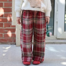 批发<b class='q'>女</b><b class='q'>童</b>韩版加绒裤子2025冬季新款洋气新年红色加厚格子直筒裤