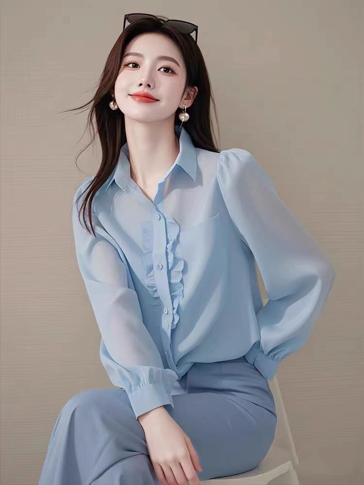 블루 긴 소매 셔츠 가을 의상 여자 2025 년 새로운 기질 작은 셔츠 폭발 프랑스어 고급 센스 이른 가을 맨위