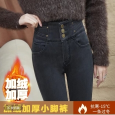 批发黑灰色高腰小脚牛仔裤女排扣紧身<b class='q'>弹力</b>提臀秋冬加厚百搭铅笔长裤子