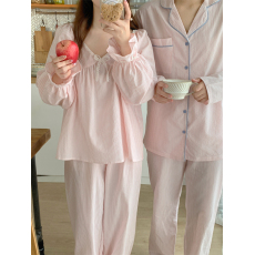批发实拍实价 新款睡衣女韩系简约条纹舒适花边休闲家居服