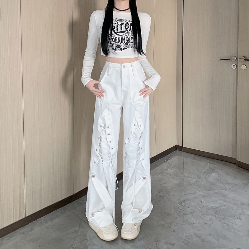 PF29730#复古高街双腰头绑带设计感直筒牛仔裤女新款高腰休闲裤女裝貨源服裝批發