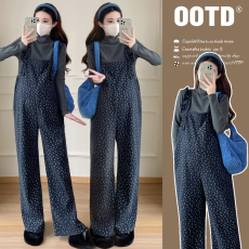 批发原创实拍2024冬季针织打底针织+毛呢<b class='q'>碎花</b>背带裤孕妇两件套套装