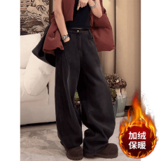 批发实价港风加绒加厚设计感镰刀<b class='q'>牛仔</b>裤女秋冬高腰哈伦阔腿长裤子