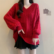 批发实拍大码<b class='q'>女装</b>毛衣女秋冬季新款V领宽松套头麻花外穿针织衫上衣女
