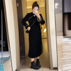 批发大码显瘦改良版黑色旗袍连衣裙女冬季新款胖mm内搭外穿新中式裙子