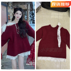 批发小雨姐姐新款安妮尔毛衣温柔风蕾丝蝴蝶结系带宽松针织毛衣女