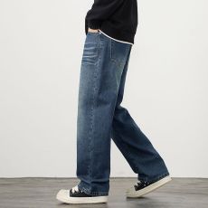 批发实拍春秋新款高街牛仔裤男美式潮牌复古宽松阔腿裤男士直筒长裤子
