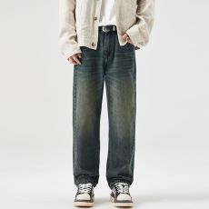 批发实拍春秋水洗复古牛仔裤男宽松阔腿垂感直筒裤休闲美式长裤子