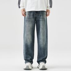 批发实拍直筒牛仔裤男宽松休闲美式潮牌复古水洗高端阔腿裤子