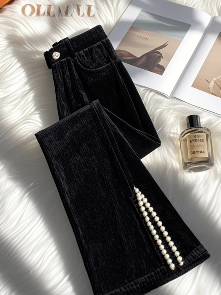 MY15628# 新款爆款小个子独特别致黑色侧开叉灯芯绒微喇裤女冬女裝貨源...