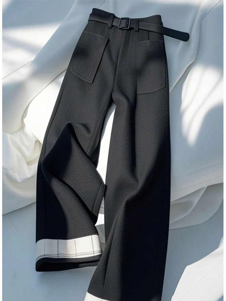 MY15627# 新款小个子高级感时尚洋气高腰显瘦黑色格纹拼接阔腿裤女裝貨...