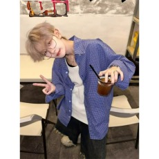 批发经典美式蓝色细格长袖衬衫男士宽松刺绣休闲慵懒<b class='q'>风</b>遮阳衬衣痞帅潮