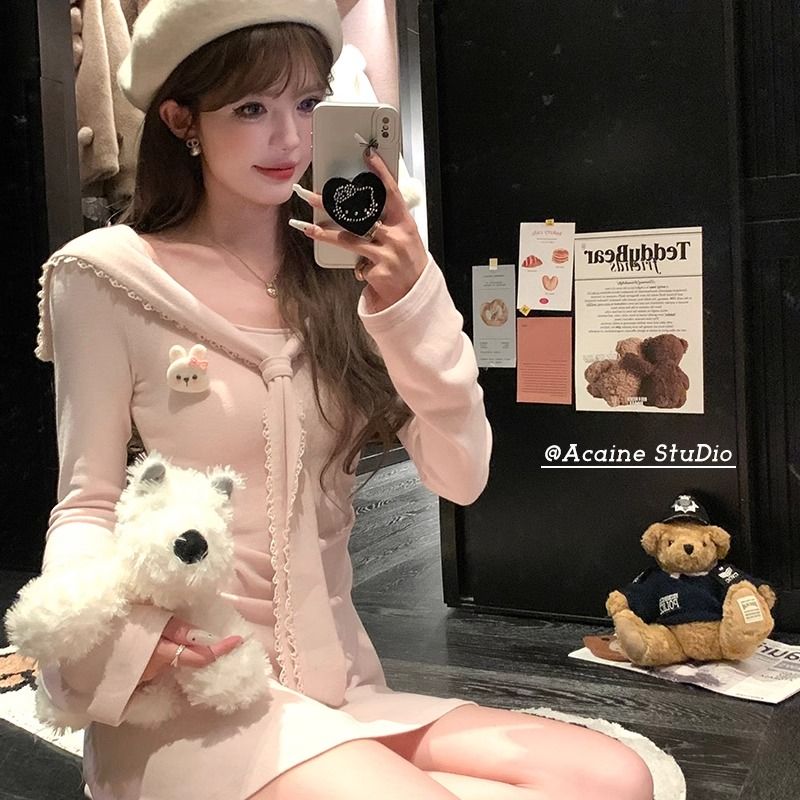 MY70204# 韩国外贸粉色中长款海军领收腰连衣裙女法式内搭叠穿修身裙子...