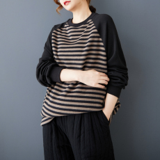 批发实拍秋冬季磨毛文艺时尚<b class='q'>韩版</b>大码宽松个性潮流插肩袖条纹加绒卫衣