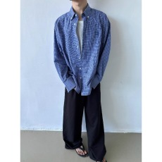 批发经典美式蓝色细格长袖衬衫男士宽松刺绣休闲慵懒<b class='q'>风</b>遮阳衬衣痞帅潮