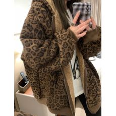 批发原版雅痞风豹纹印花绒连帽卫衣女秋冬韩系加厚皮毛一体慵懒外套潮