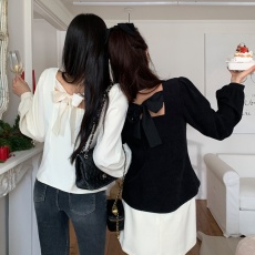 批发已出货 韩国ins法式气质氛围感单排扣后背蝴蝶结系带泡泡袖衬衫女