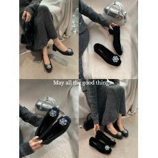 批发粗跟方头灰色毛毛鞋女鞋子外穿2024秋<b class='q'>冬</b>季加绒法式水钻单鞋通勤鞋