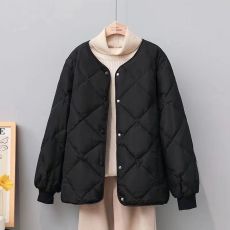 批发秋冬新款菱形无领羽绒服轻薄短款宽松小个子上衣