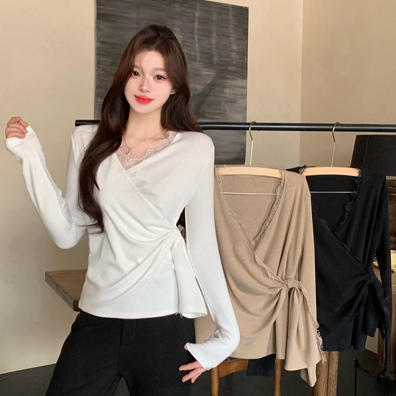 MY12265# 新款胖mm大码女简约v领纯欲风蕾丝别致打底上衣女裝貨源服...