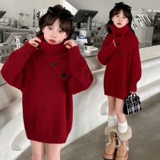 批发女童毛衣2025秋<b class='q'>冬</b>装新款儿童洋气针织连衣裙女大童高领加厚打底衫