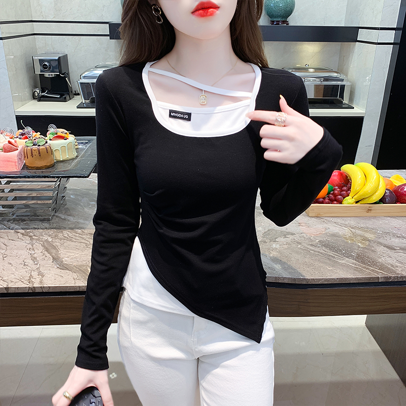 PF29408#长袖t恤女打底外穿春季2025新款拼接撞色修身短款上衣女裝貨源服裝批發