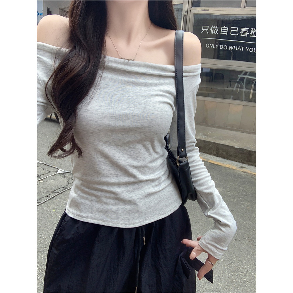 PF29753#纯棉长袖T恤女一字领女裝貨源服裝批發