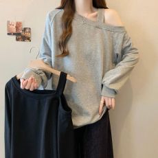 批发实拍甜辣斜领露肩长袖卫衣女秋冬装宽松<b class='q'>韩版</b>加绒加厚百搭<b class='q'>外套</b>上衣