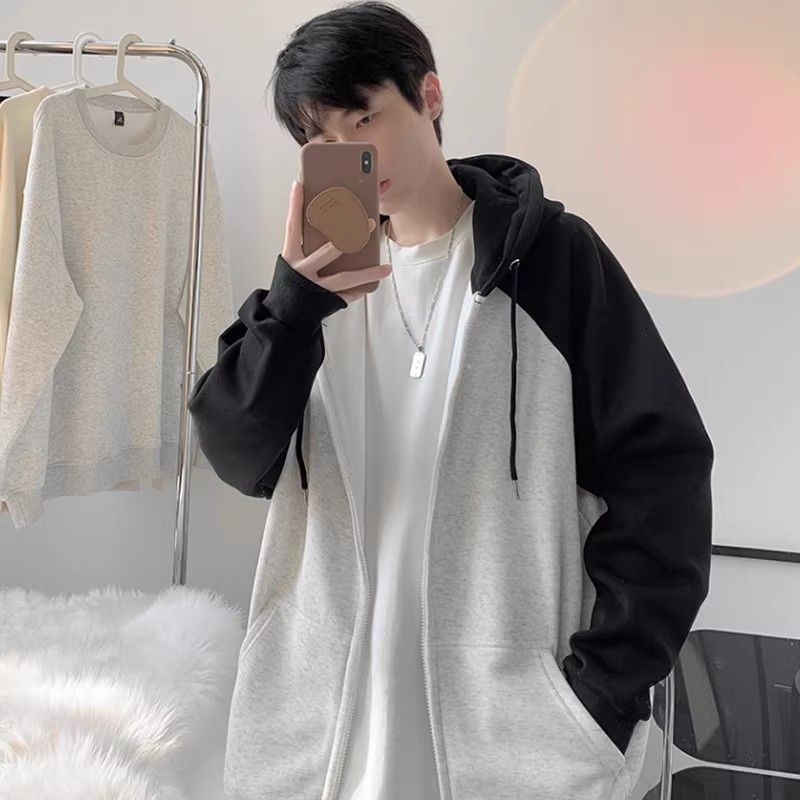 2024新款美式复古撞色开衫卫衣男重磅硬挺银狐绒连帽拉链外套