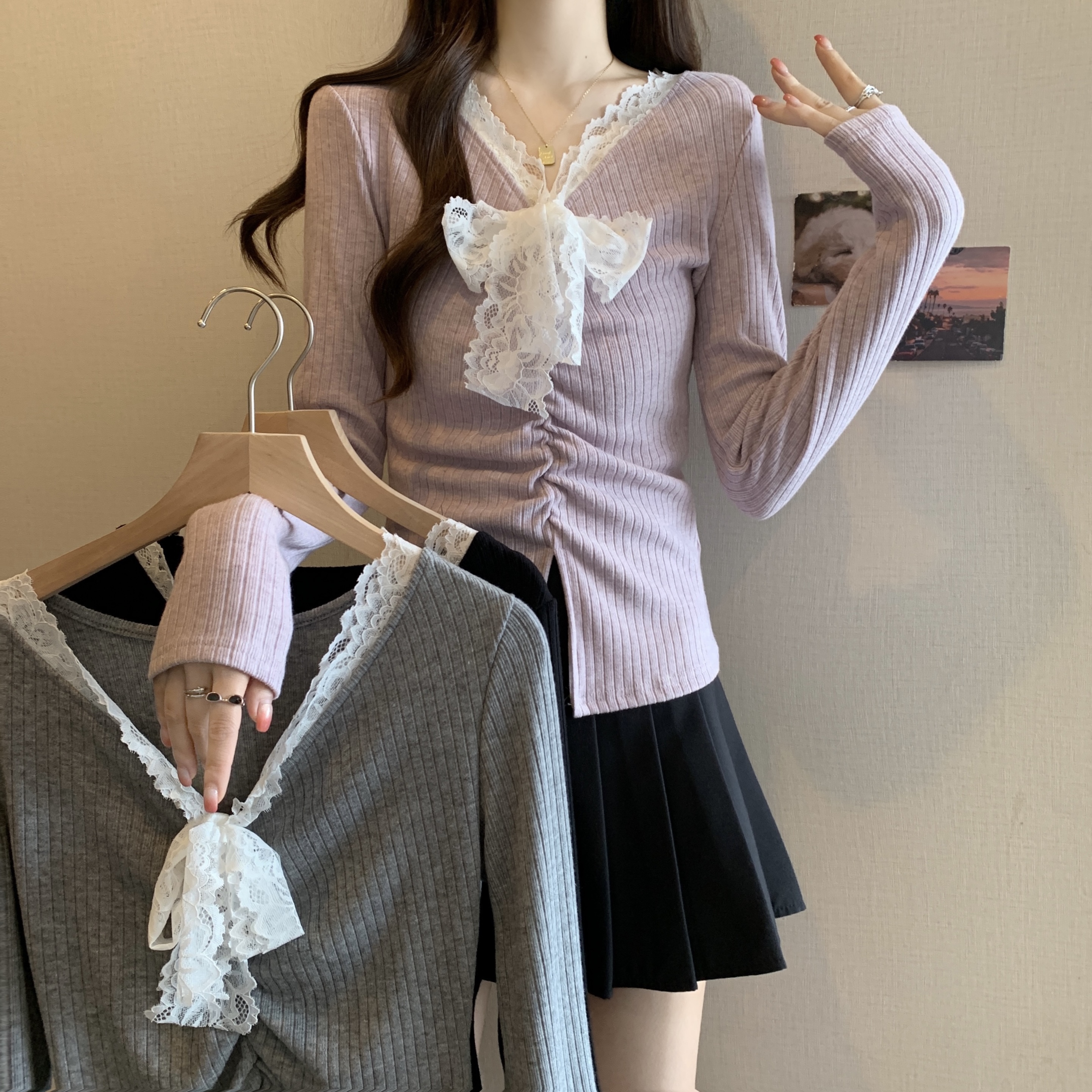 PF29136#大码胖MM新款设计感蕾丝拼接蝴蝶结T恤女显瘦百搭打底衫上衣女裝貨源服裝批發