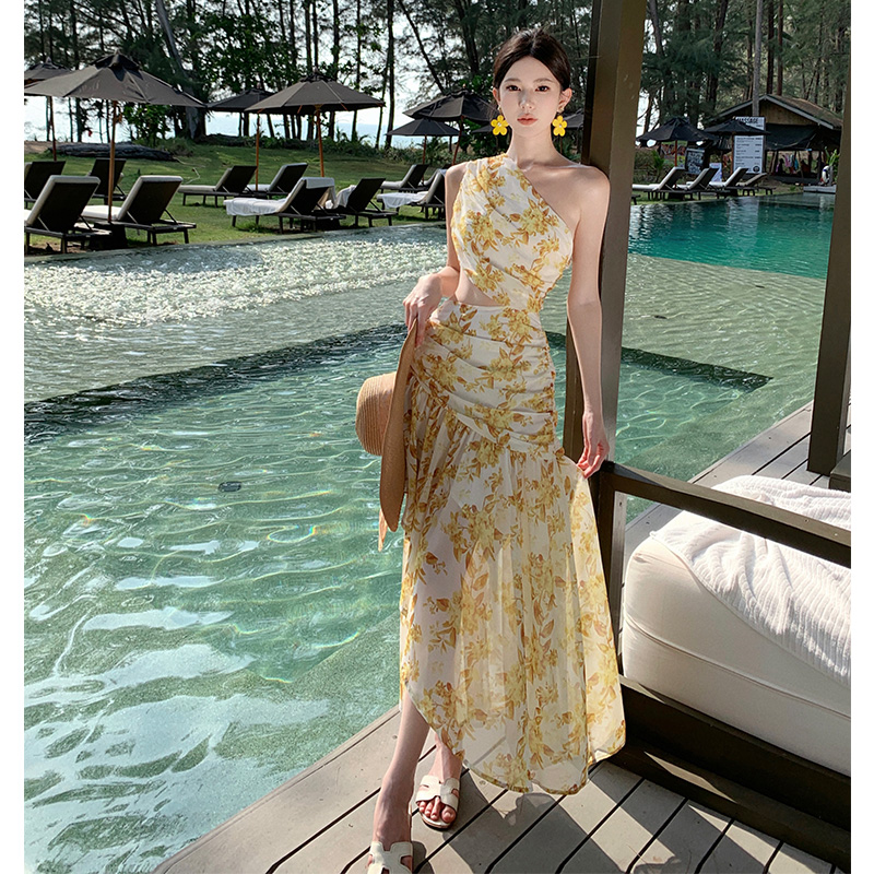 FA33165# 海边度假法式风小众斜肩露腰连衣裙雪纺碎花裙 服裝批發女裝批發服飾貨源