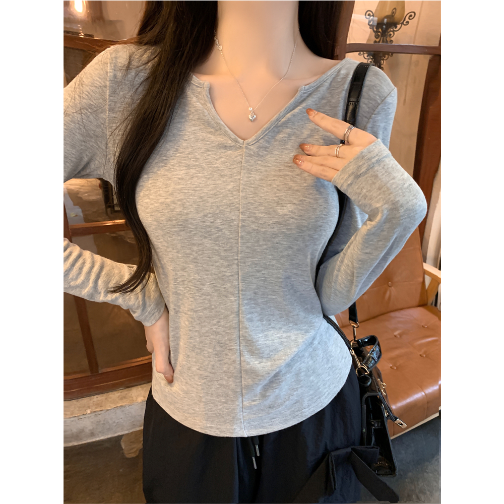PF29754#纯棉长袖T恤女V领纯色女裝貨源服裝批發