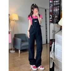 批发减龄气质设计感日系牛仔<b class='q'>背带裤</b>女春秋大码洋气显瘦拖地连体吊带裤