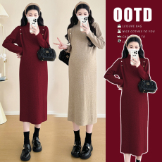 批发实拍#孕妇连衣裙<b class='q'>春</b>装2025新款高级感<b class='q'>春</b>秋季红色立领休闲针织长裙