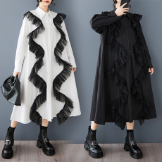 批发实拍<b class='q'>春秋</b>季新款宽松大码网纱拼接休闲简约甜美长袖衬衣<b class='q'>连衣裙</b>