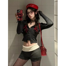 批发纯欲波点印花<b class='q'>长袖</b>叠穿短款上衣辣妹运动套装包臀裤低腰拼接两件套