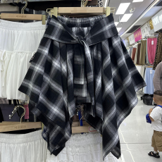 批发原版做法~格纹<b class='q'>半身</b>裙绑带设计感显瘦格子<b class='q'>短裙</b>A字裙女