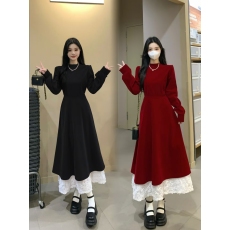 批发实拍大码 玫瑰丝绒拼接连衣裙固色处理<b class='q'>冬</b>季收腰显瘦长短款A字裙