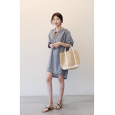 批发棉麻<b class='q'>条纹</b>衬衫连衣裙BF风中长款五分袖前短后长不规则衬衫裙