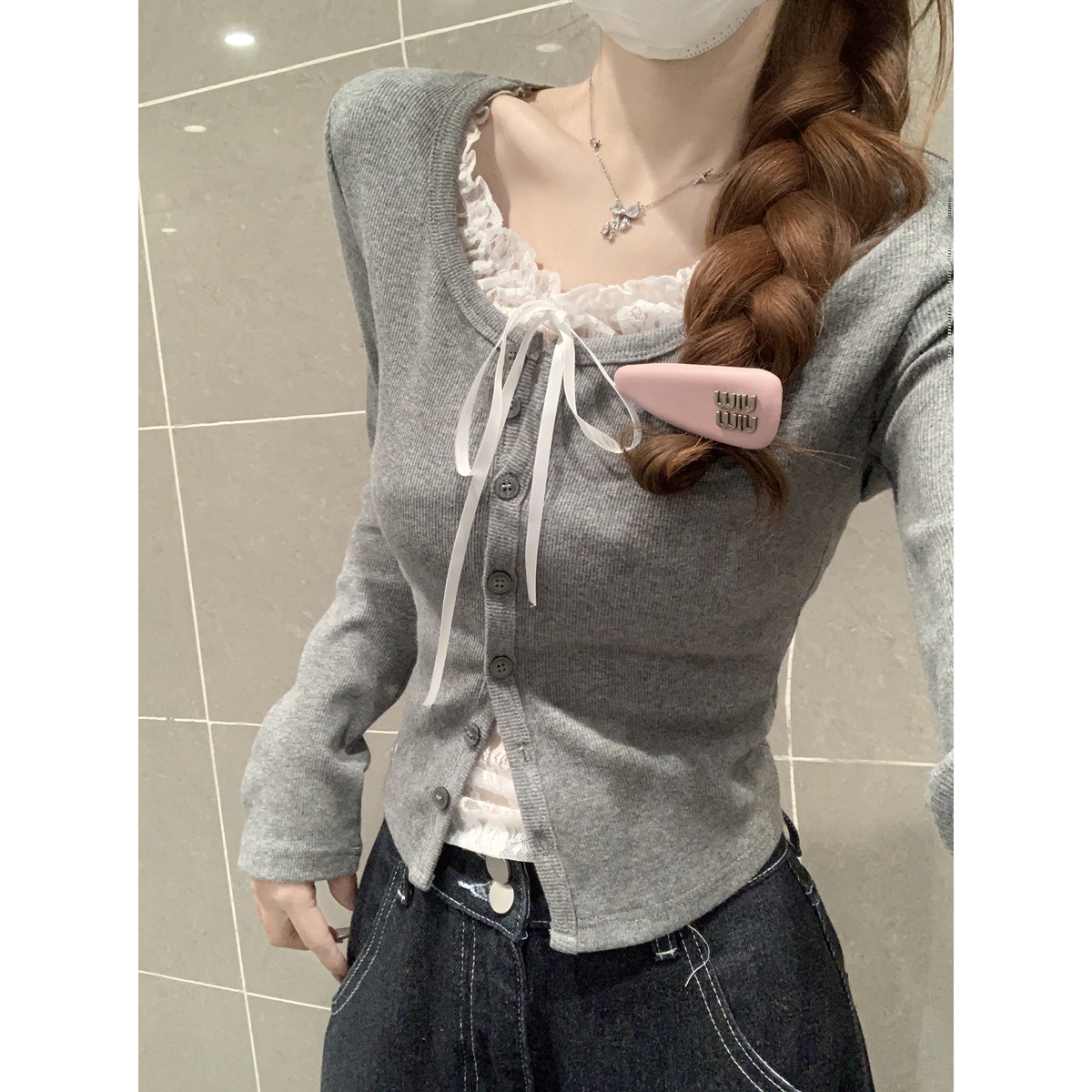 실사 정가 가을 겨울 한국 스타일 순수한 욕망 레이스 패치워크 색상 싱글 줄 버튼 페이크 레이어드 긴팔 기본 셔츠 티셔츠 맨위 여성