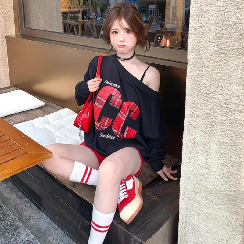 PF29265#原版棉罗口华棉复合一字肩卫衣长袖上衣女裝貨源服裝批發