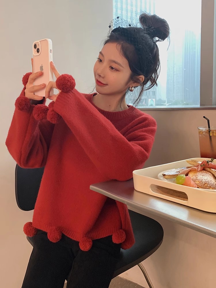 PF29079# hizz邹邹小个子毛针织可爱加倍新年限定款球球毛衣 过年自留系列女裝貨源服裝批發
