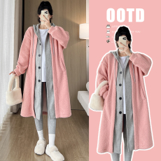 批发实拍 秋冬新款加绒加厚连帽拼接假两件休闲气质婴儿绒羊羔毛外套